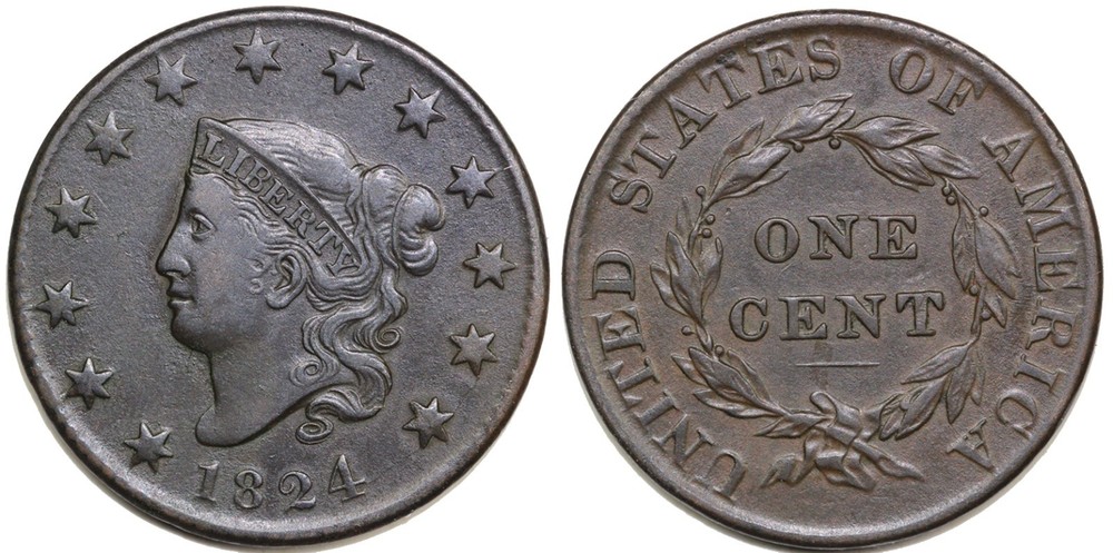 1824 1c Coronet or Matron Head Large Cent