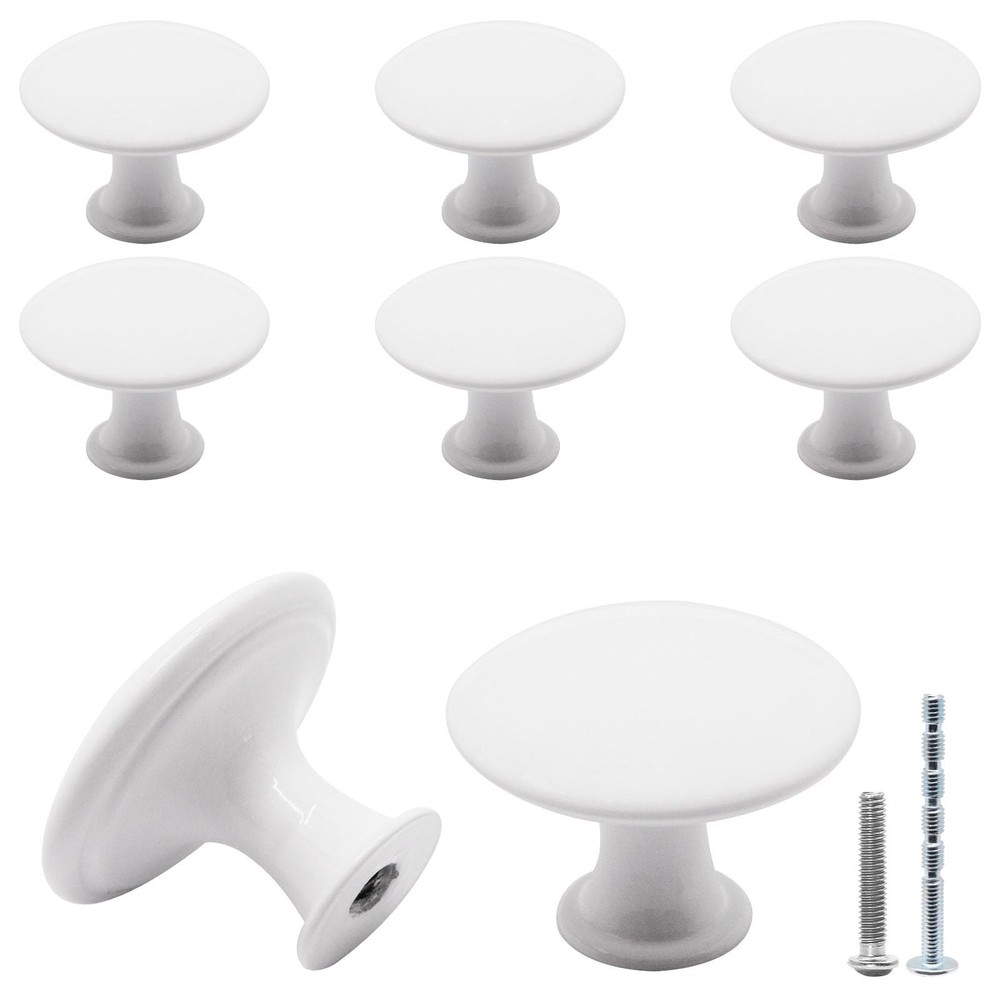 8 Pcs White Cabinet Knobs, Round Dresser Knob Kitchen Drawer Knobs, Single Ho...