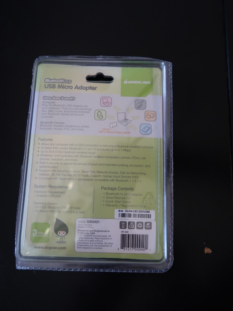 IOGEAR BLUETOOTH 2.0 USB MICRO ADAPTER (Model GBU421)