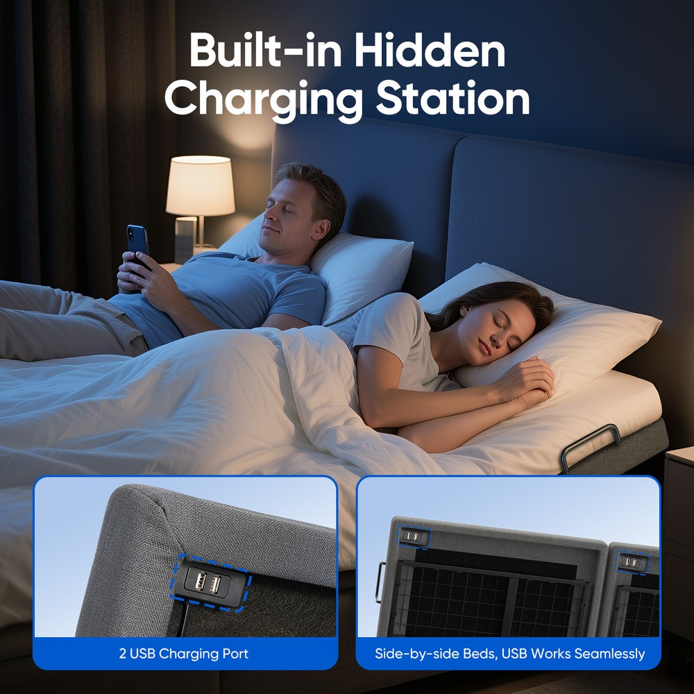 Verinch Adjustable Bed Frame With Massage Power Base Remote USB Split King Size