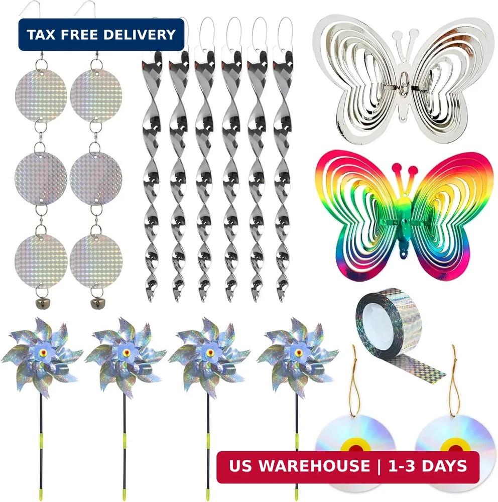Bird Repellent Set - Includes 2 Reflective Pinwheels, 2 Butterfly Wind Spinners,