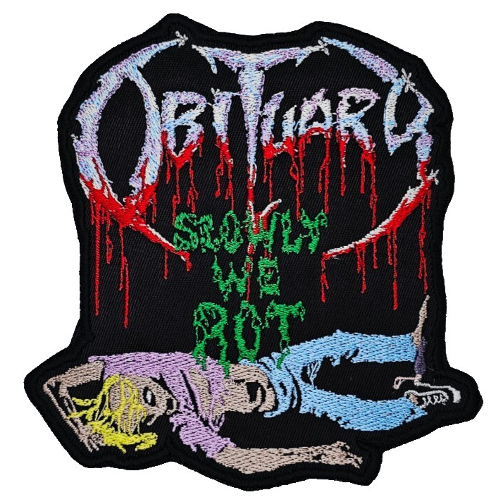 OBITUARY SLOWLY WE ROT SHAPED BORDER EMBROIDERED PATCH