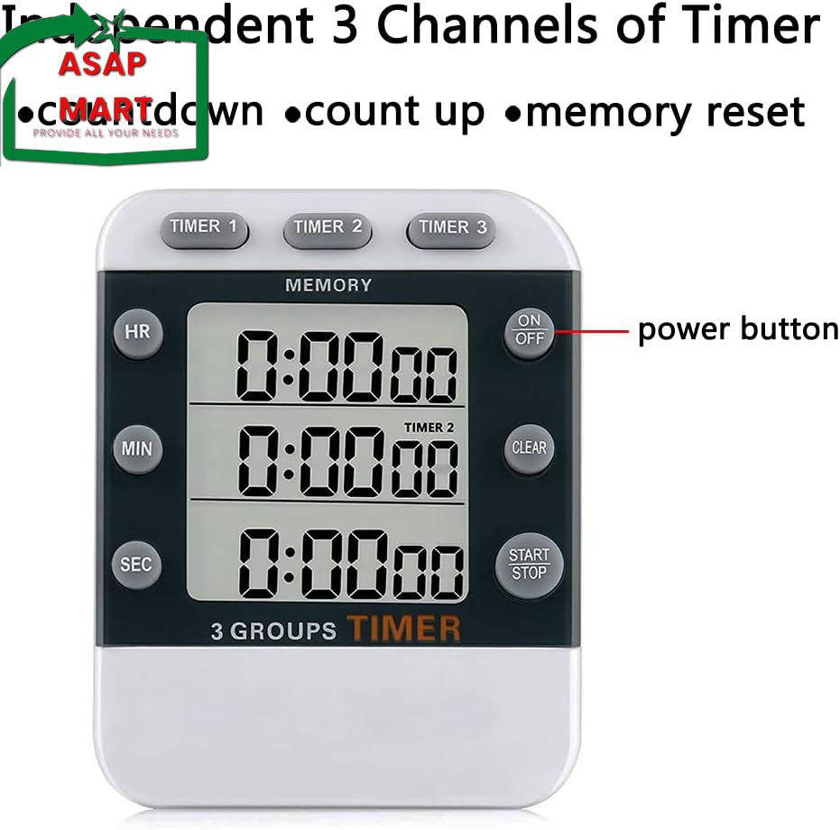 Digital Dual Kitchen Timer, 3 Channels Count Up/Down Timer, Triple Cooking Timer