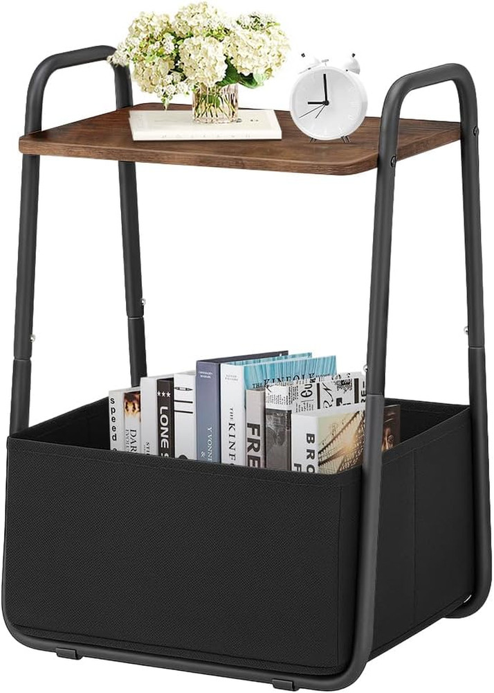 Rustic Brown Metal Frame Nightstand - Small Side Table with Fabric Storage Baske