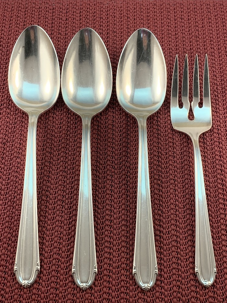 3 Solid Serving Spoon & 1 Meat Fork 1937 LADY ALICE II Wallace Silverplate
