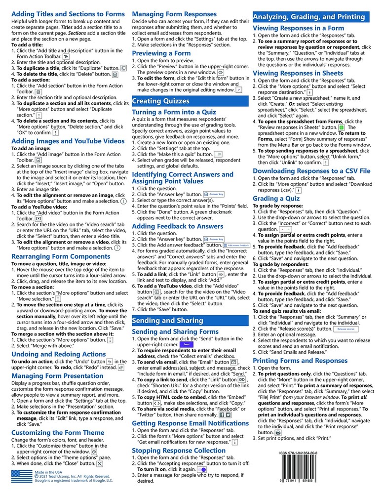 Google Forms Training Guide Quick Reference Card 2 Page Cheat Sheet Instructions