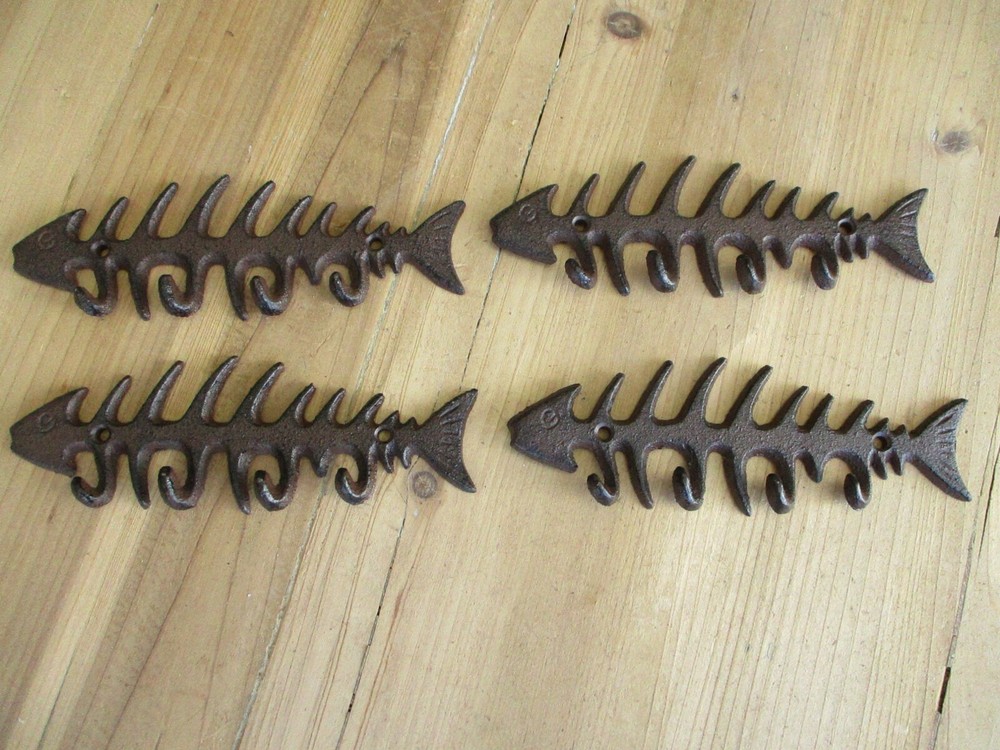 4 Cast Iron Fishbone Fish Bones Wall Hook Key Hat Coat Rack Nautical Decor Lake