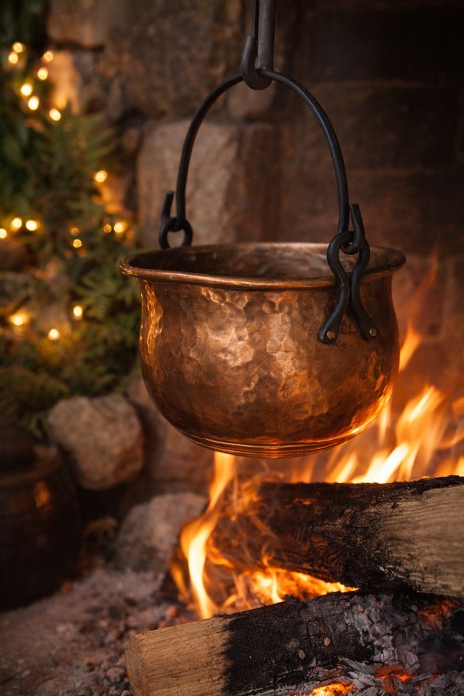 Hammered Copper Pot Hanging Cauldron Rustic Primitive Decor Black Iron Handle