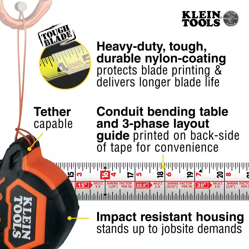 Durable Klein Tools 30 ft. Tape Measure Magnetic Single-Hook Nylon Coated Blade