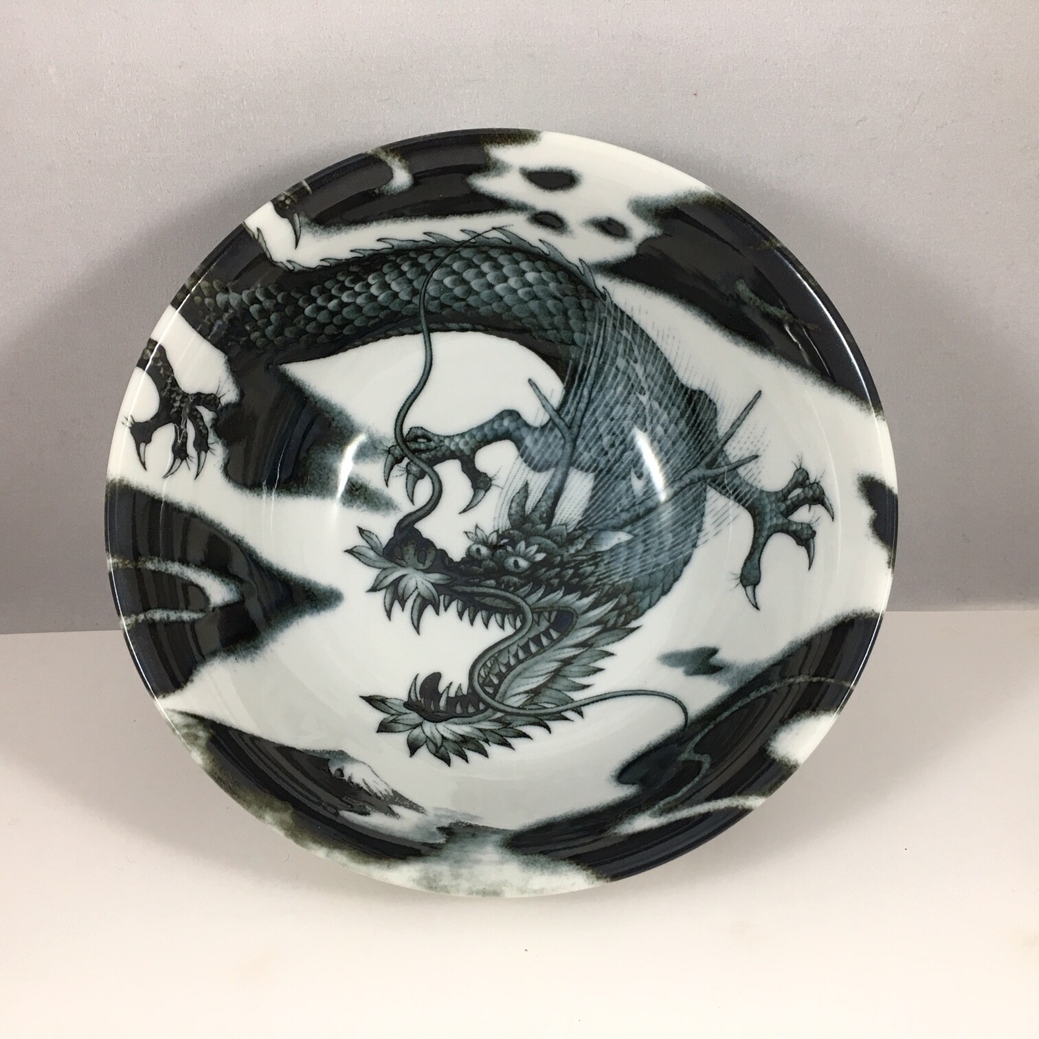 Japanese Rice Soup Noodle Bowl 6"D Porcelain Fortune Ryu Black Dragon JAPAN MADE