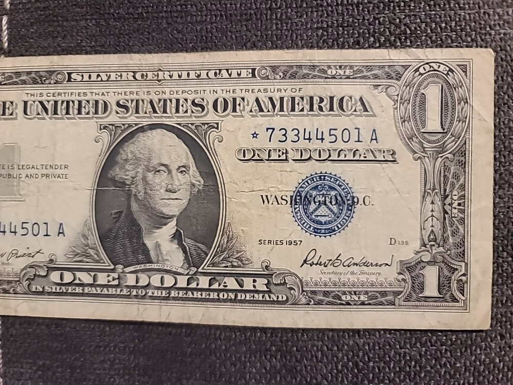 2 - 1957 $1 Blue Seal Notes, 1 MISALIGNED STAR NOTE & 1 VF CRISP NOTE