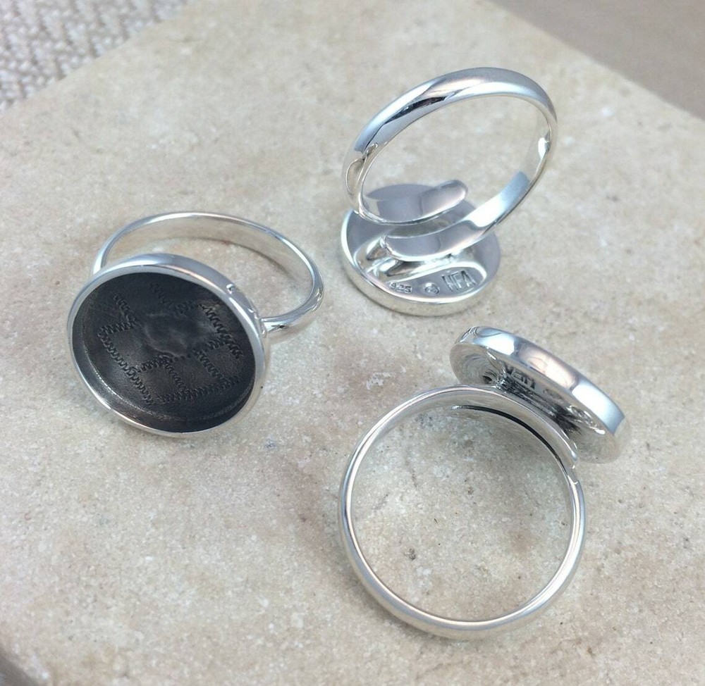 Sterling Silver Ring Blank 15mm Round Bezel Cabochon Setting Adjustable Finding