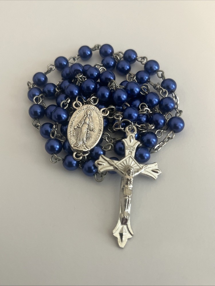 Traditional Miraculous Center Sapphire Blue Glass Pearl Catholic Rosary Beads