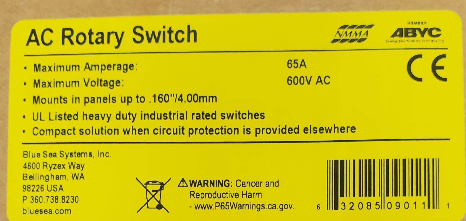 Blue Sea 9011 AC Rotary Switch 2 Positions + Off, 2-Pole 65A