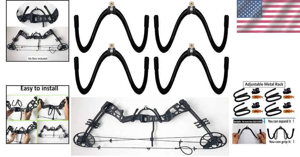 4 Pack Adjustable Bow Display Brackets - Elegant Wall Mount Rack, Up to 20 lbs