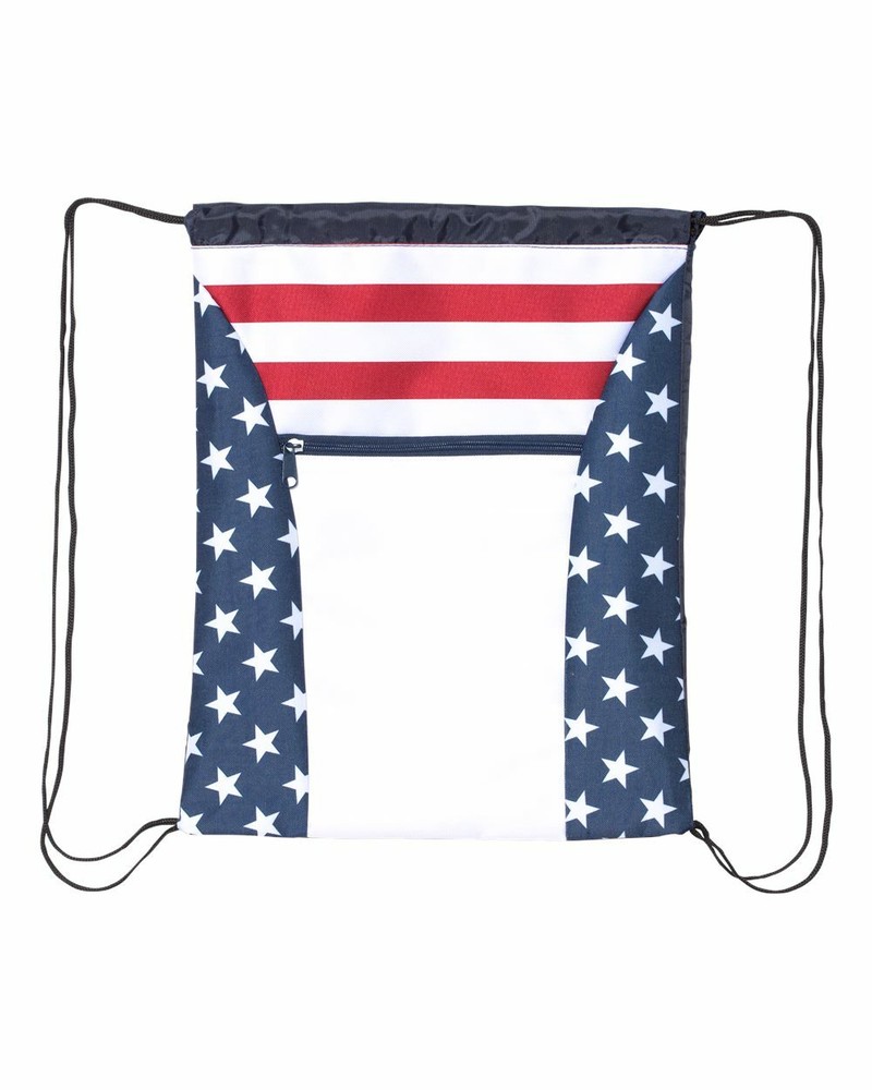 Americana Drawstring Bag Front Zipper Pocket Red/ White/ Blue Reusable Backpack