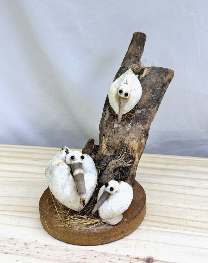 Handmade Seashell Seagulls Sitting on Driftwood
