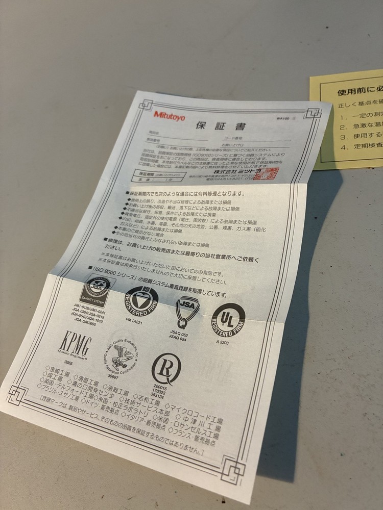 Mitutoyo Ouside Micrometer Instructions Conversion Chart & Warranty
