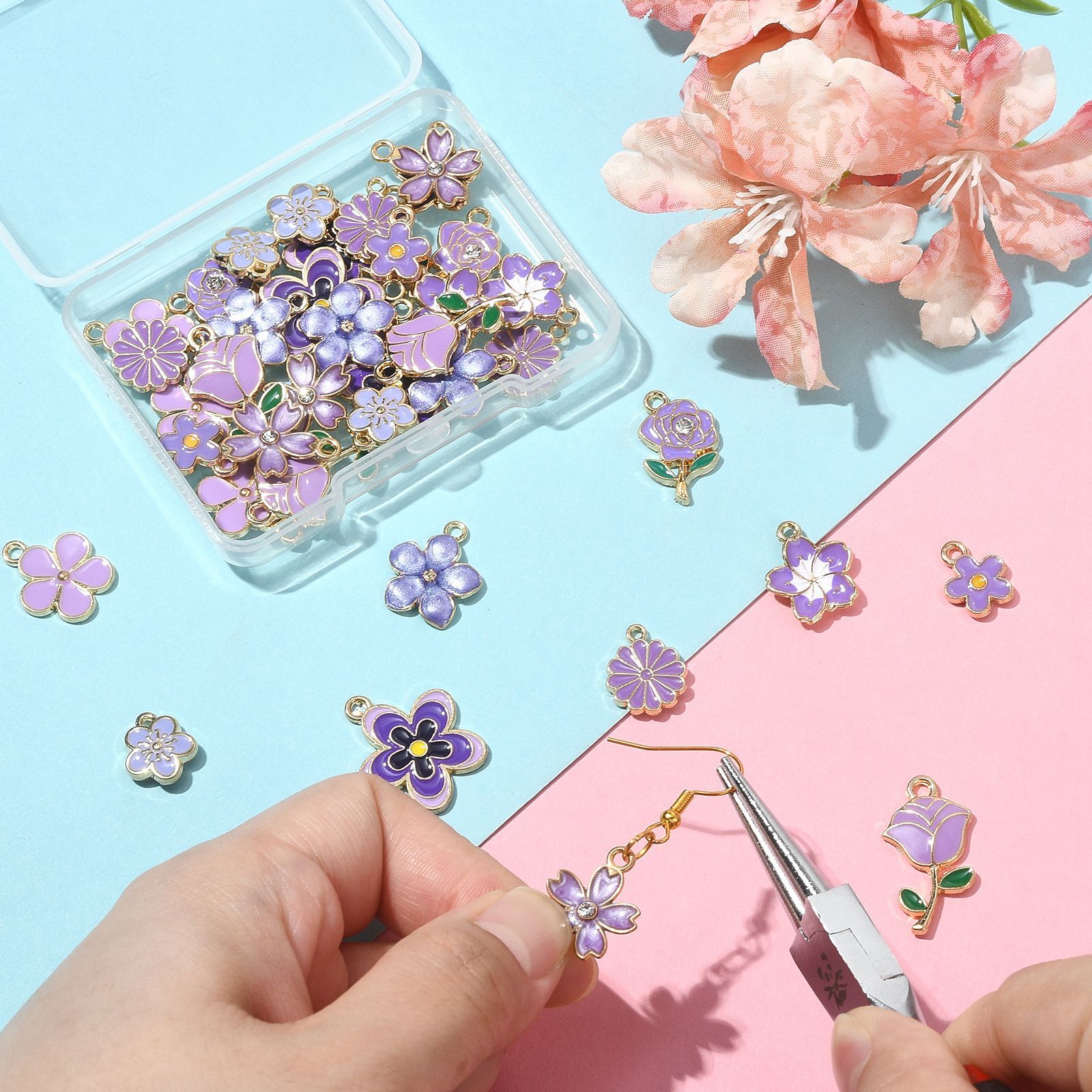 40x Flower Pendants Hang Dangle Charms Purple Alloy Enamel DIY Jewelry Necklaces