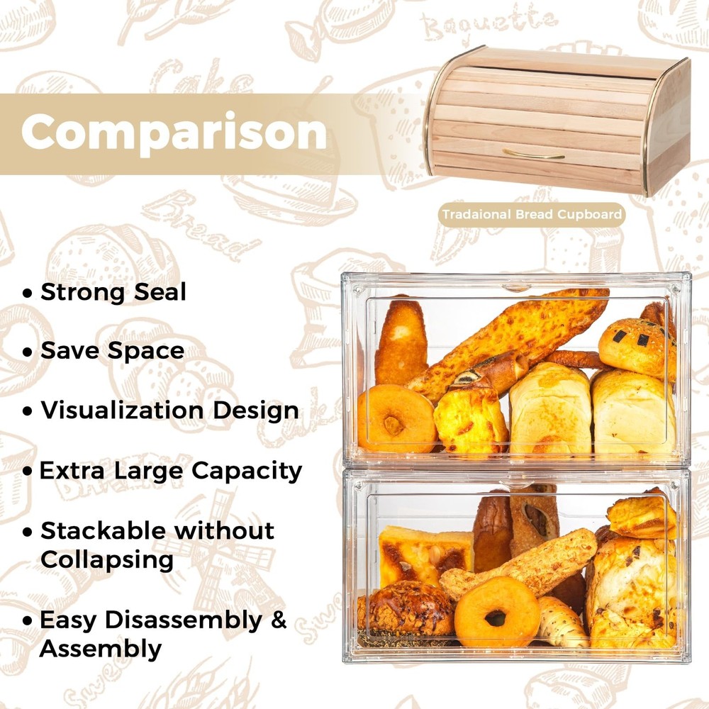 2pcs Large Bread Box Kitchen Countertop upgraded - Large Capacity Transparent...