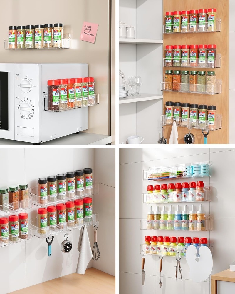 Easy Installation Wall Mount Spice Rack - 4 Clear Shelves for Kitchen Efficiency
