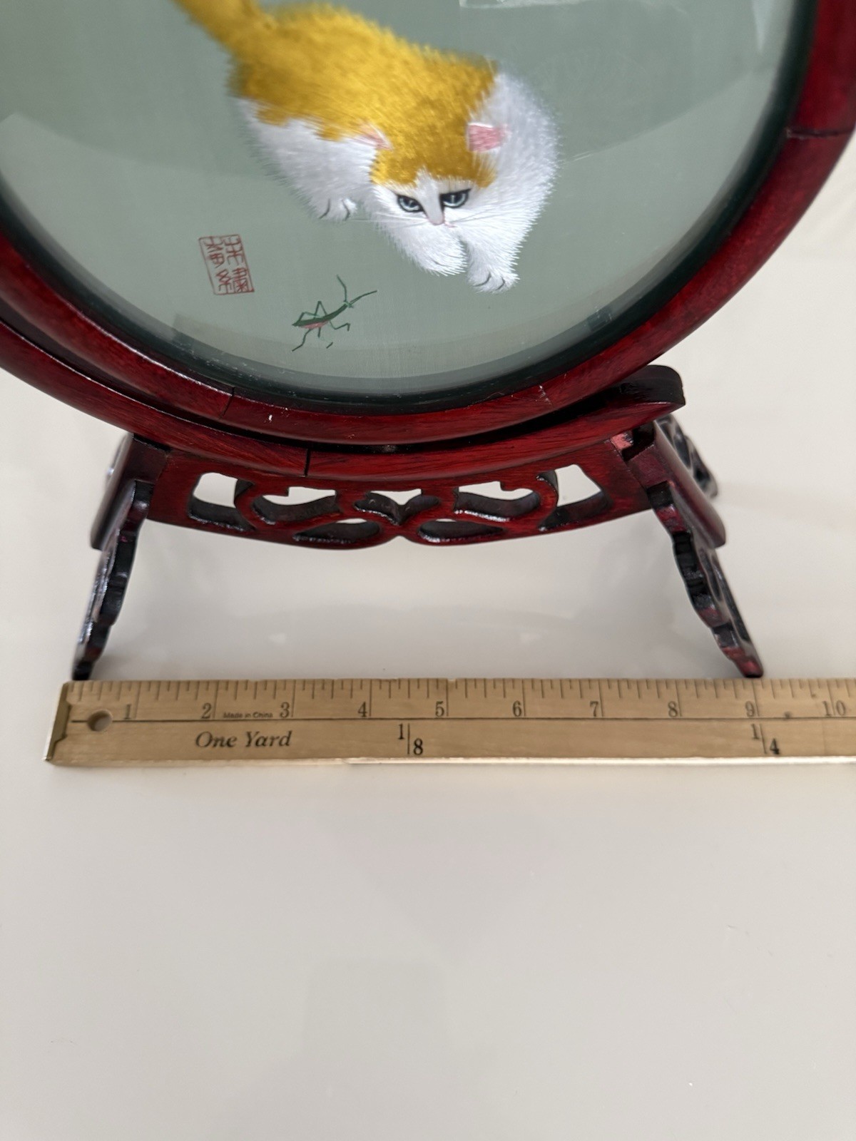 VTG Asian Cat & Mantis Double Sided Silk Embroidery Screen Rotating Wood Frame