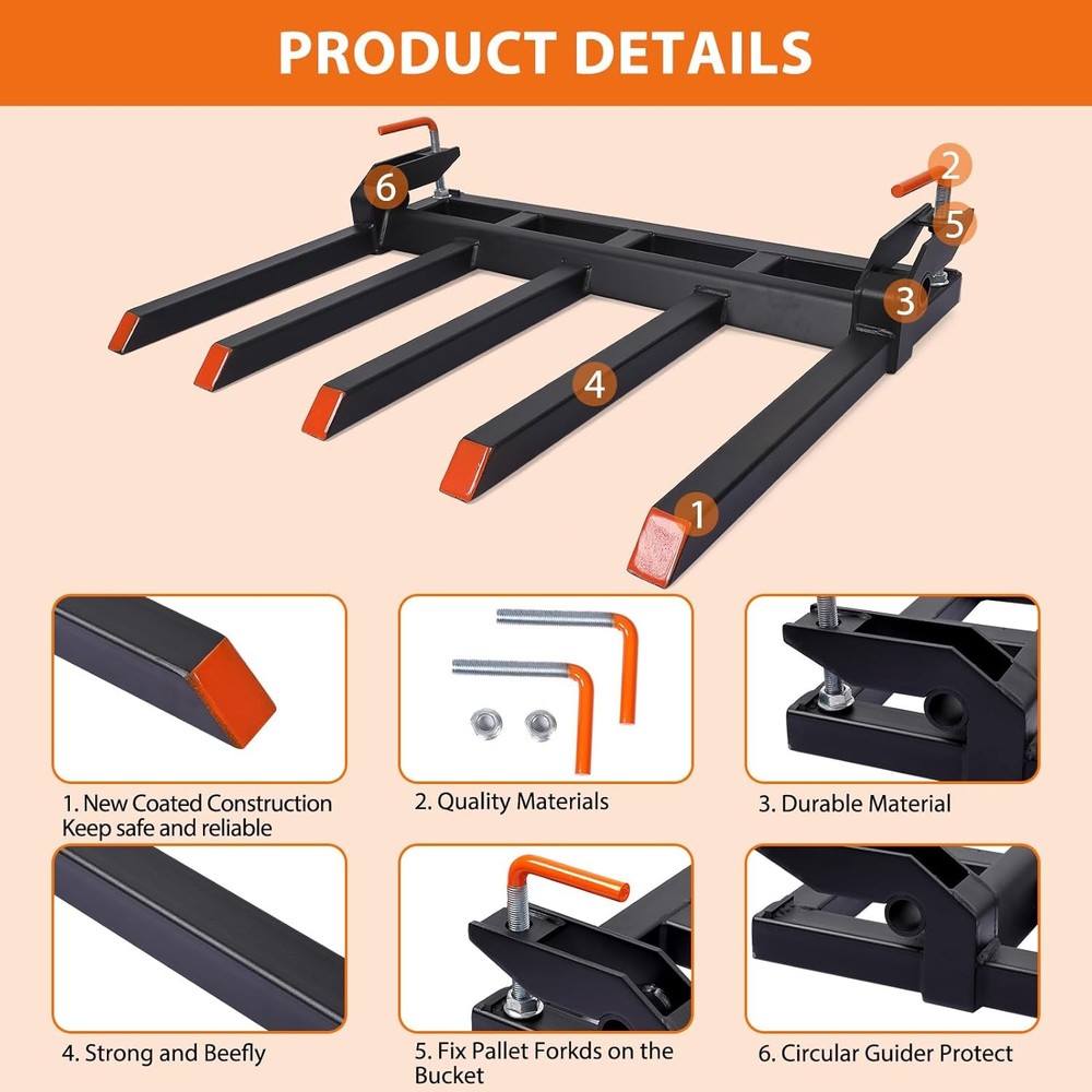 Heavy Duty 42" Pallet Fork, Clamp-On Loader/Tractor Attachment, 2500 Max Load