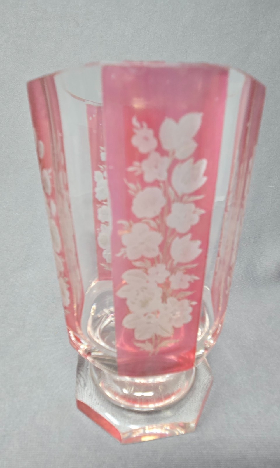 Bohemian Red Flashed Floral Etched Ale Glass