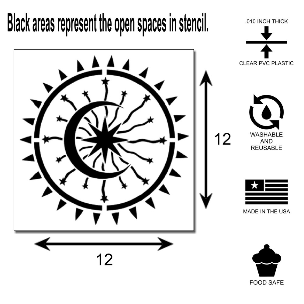 12 X 12 Celestial Sun and Moon w Exploding Star STENCIL Template/Cosmic/Crafting