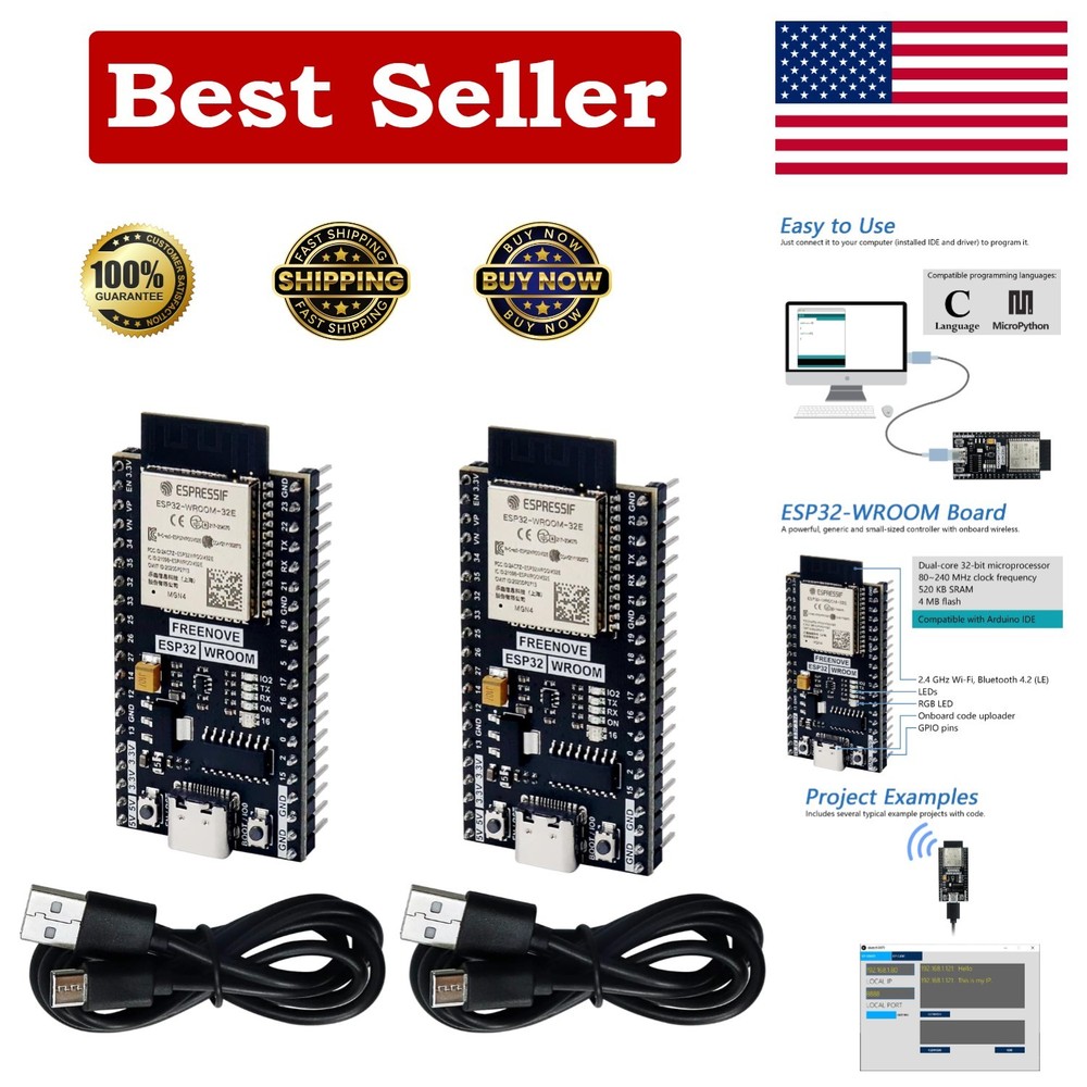 ESP32-WROOM Board (2 Pack), Dual-core 32-bit 240 MHz Microcontroller, Onboard...