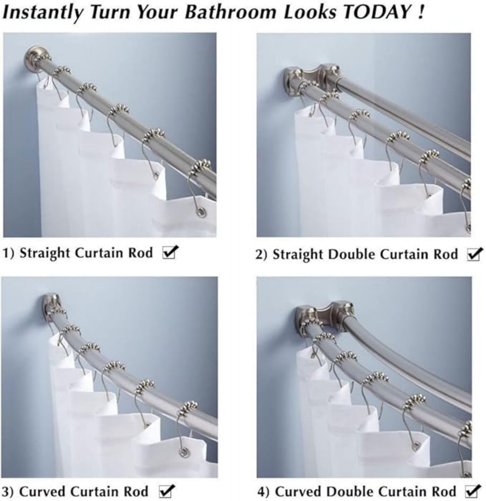 12-Piece Stainless Steel Shower Curtain Hooks with Roller Ball