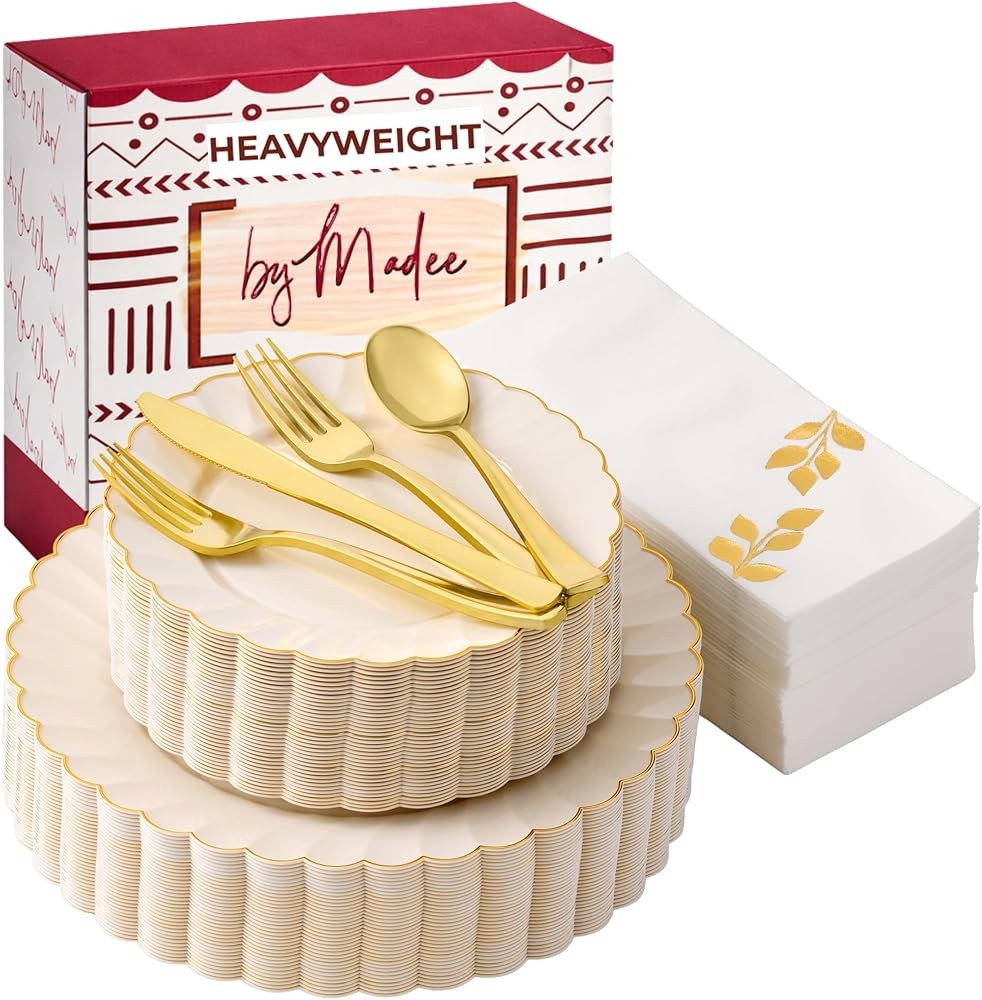 HEAVYWEIGHT 175 Pc Fancy Plastic Dinnerware Sets | Ivory