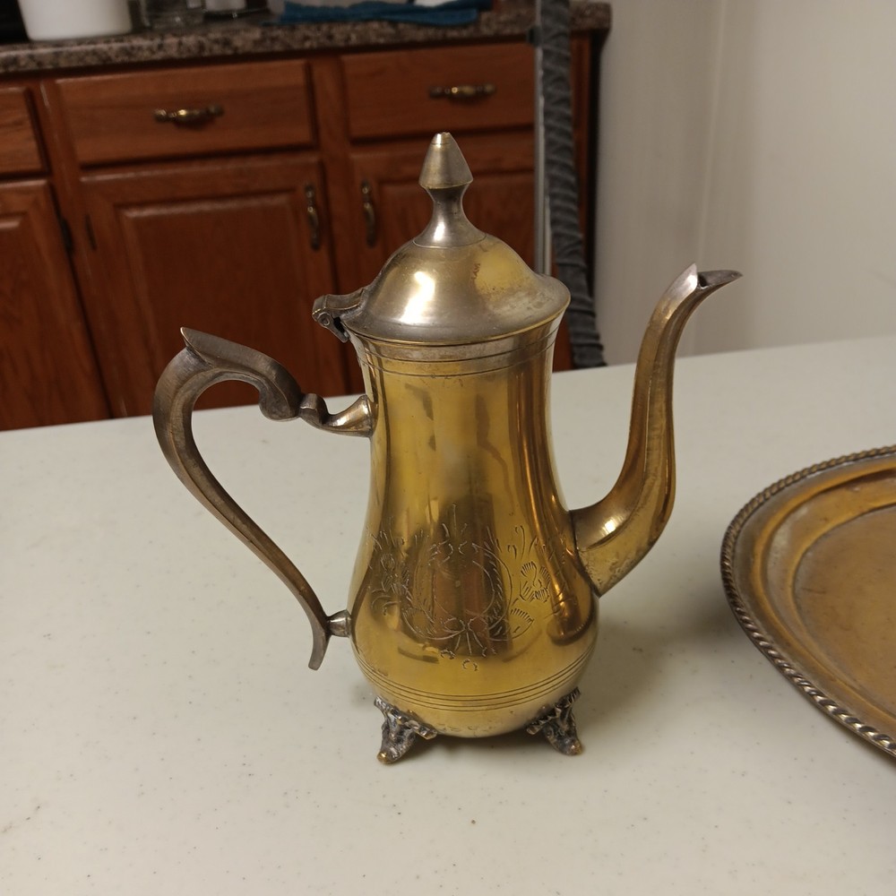 Vintage Solid Brass Coffee Tea Service W/ Tray Etched