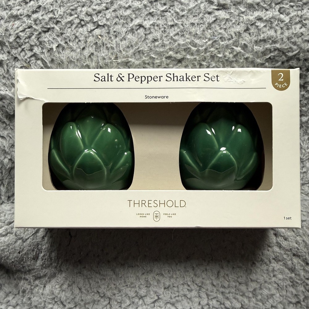Threshold Salt & Pepper Shaker Set Green Stoneware Artichoke Kitchen Table Decor