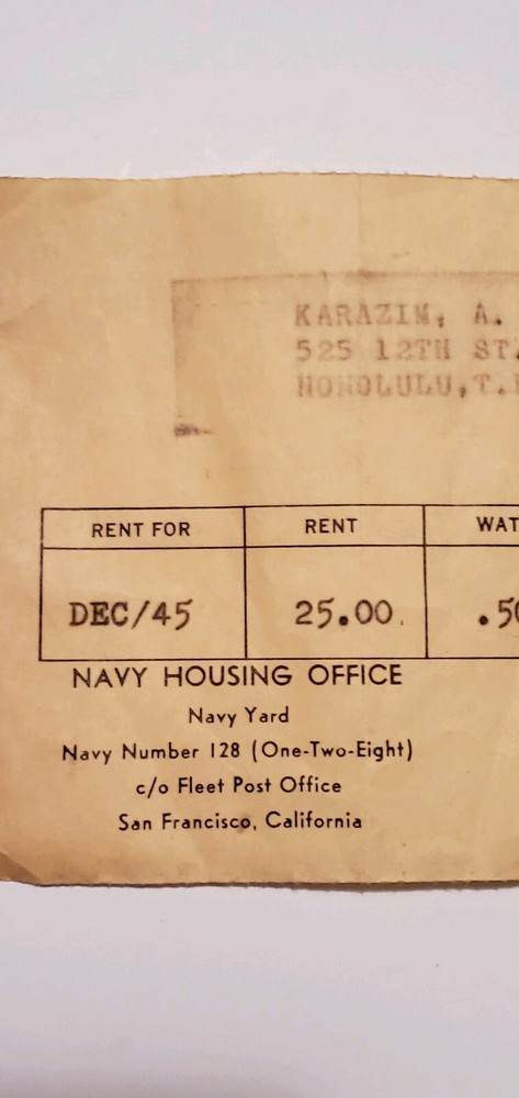 1945 Honolulu, T.H. Navy Housing Office Receipt - Hawaii Territory Navy Yard -