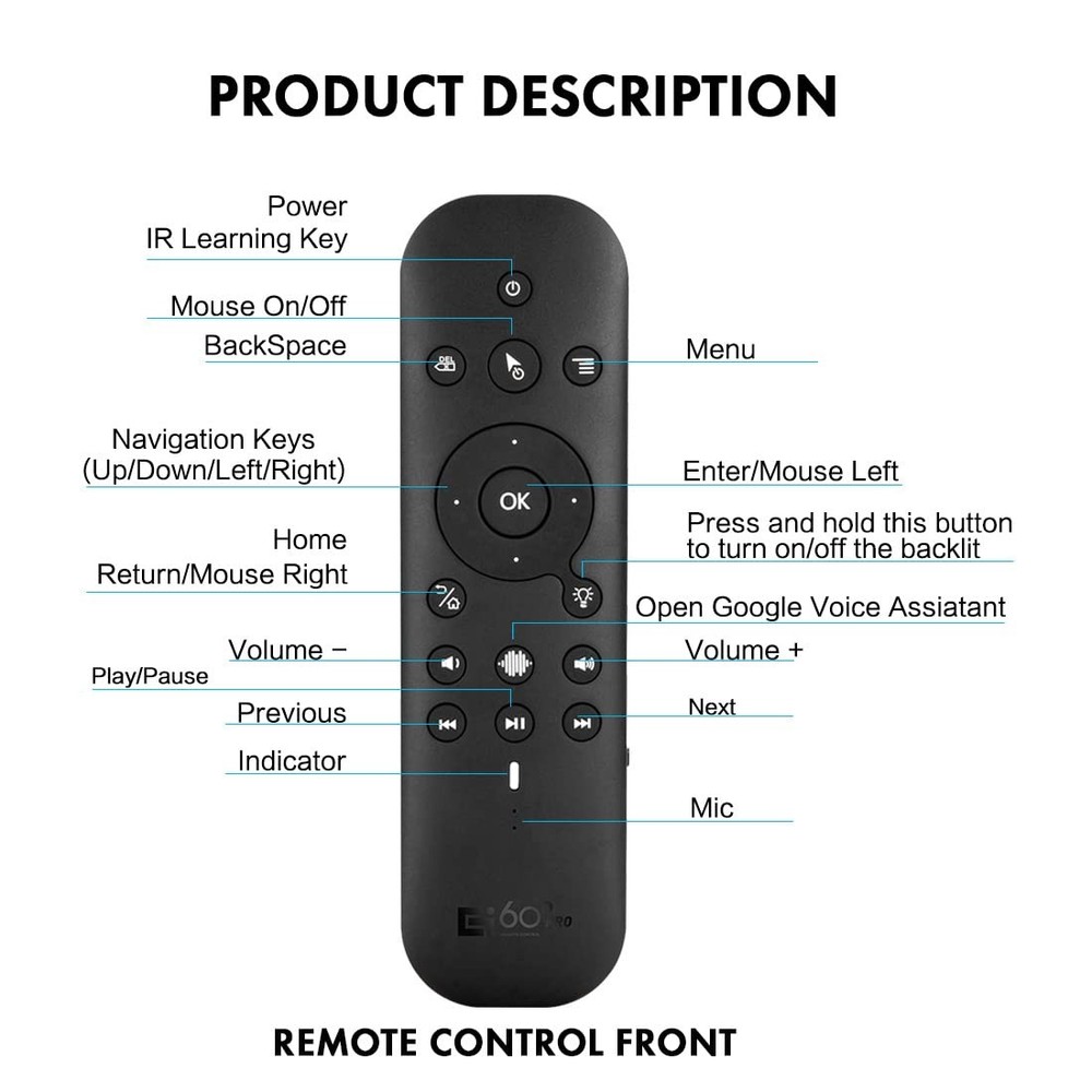Rechargeable Mini Bluetooth Keyboard Voice Remote with Touchpad Backlit Black