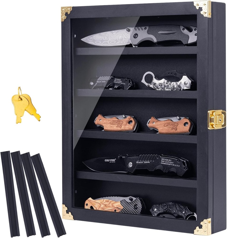 Wall Mounted Wooden Knife Display Case, Four Replaceable Single Grooves, Detacha