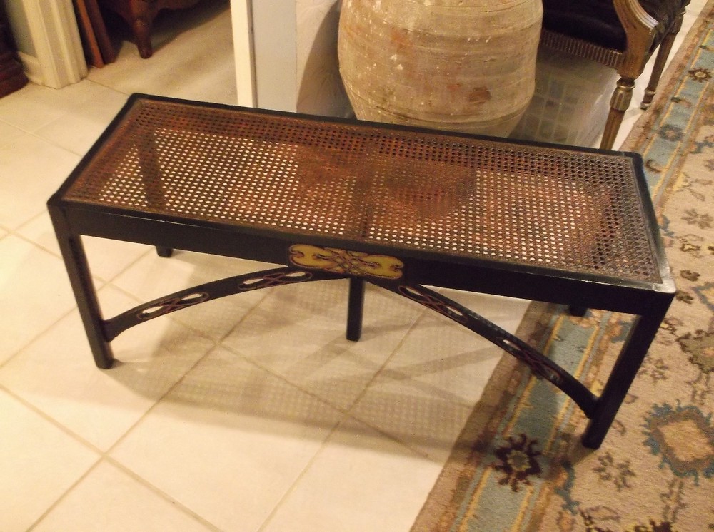 Black Painted Cane Bench w/Removable Upholstered Cushion