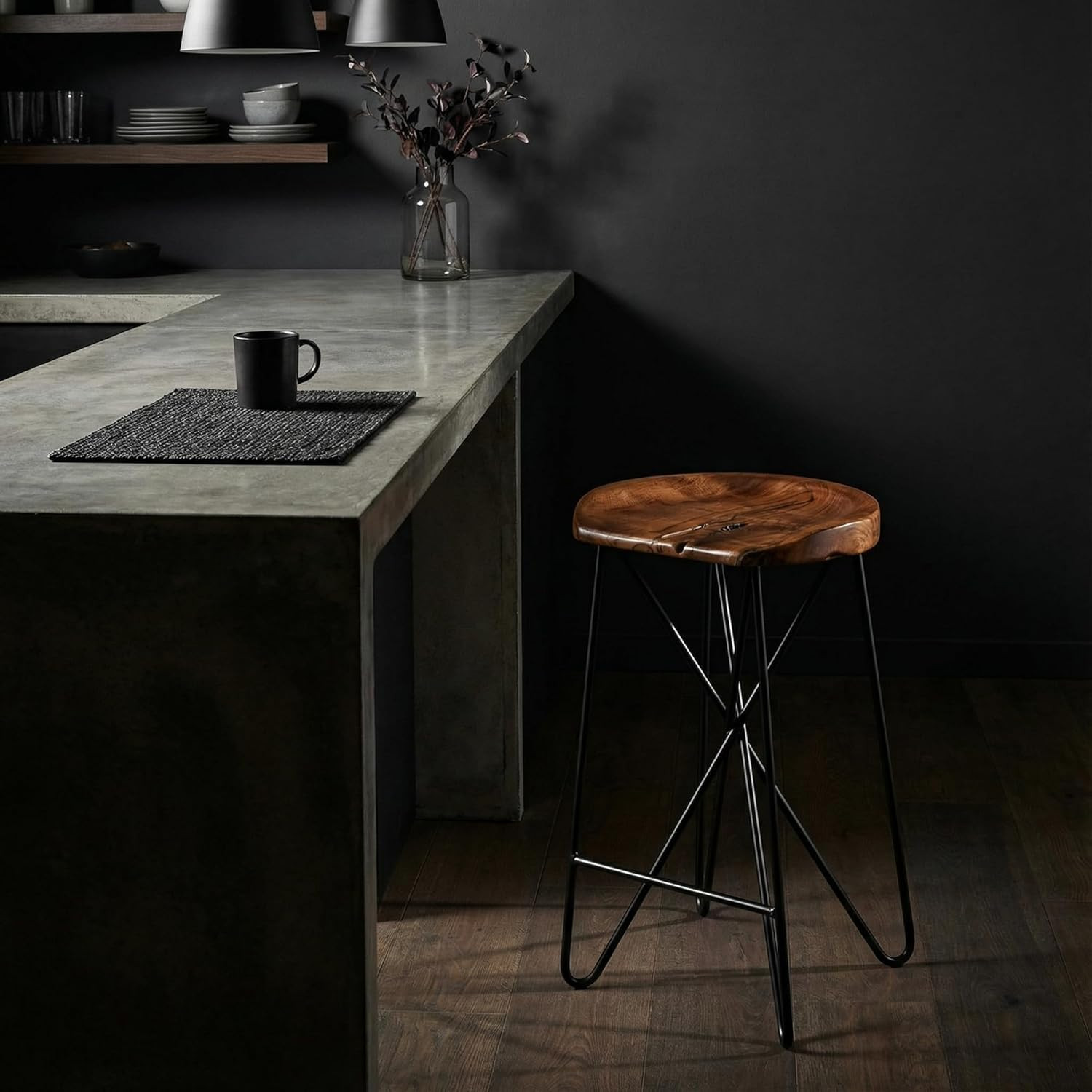 Aloha Backless Teak Counter Stool with Black Metal Legs - 27" Tall