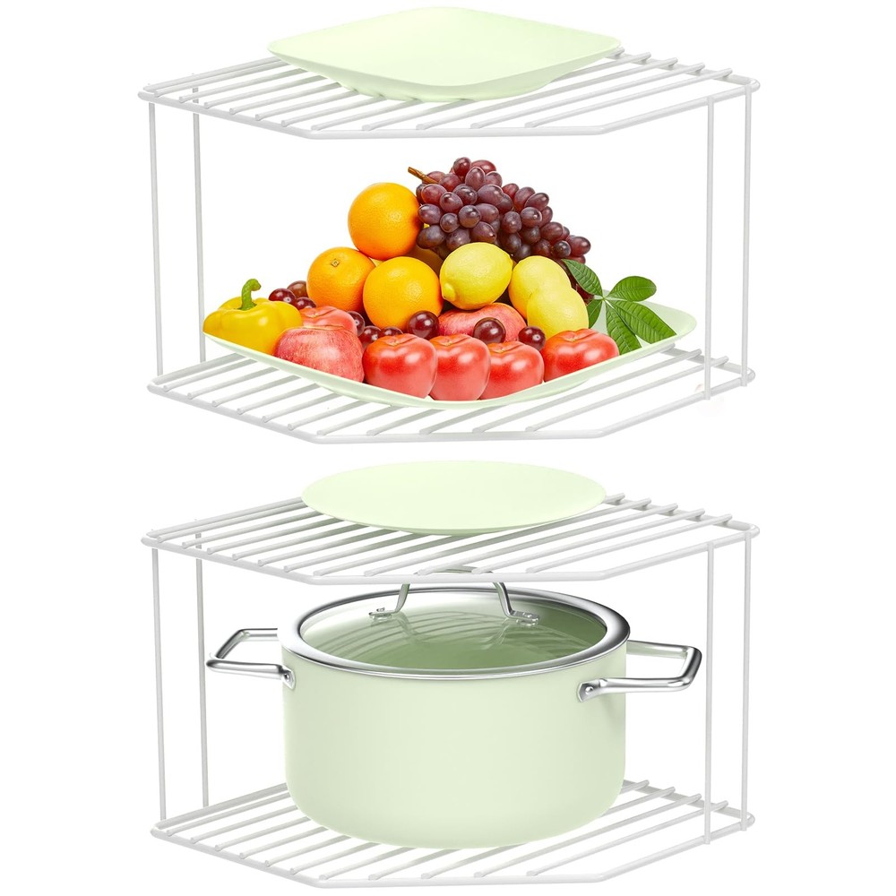2Pcs 2-Tier Corner Stackable Organizer Shelf for Kitchen - Cabinet Storage Sh...