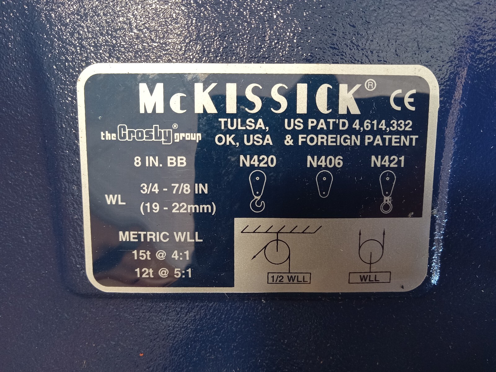 McKissick N420 8" Champion 15 Ton BLOCK & TACKLE Crosby hook block 3/4"-7/8"