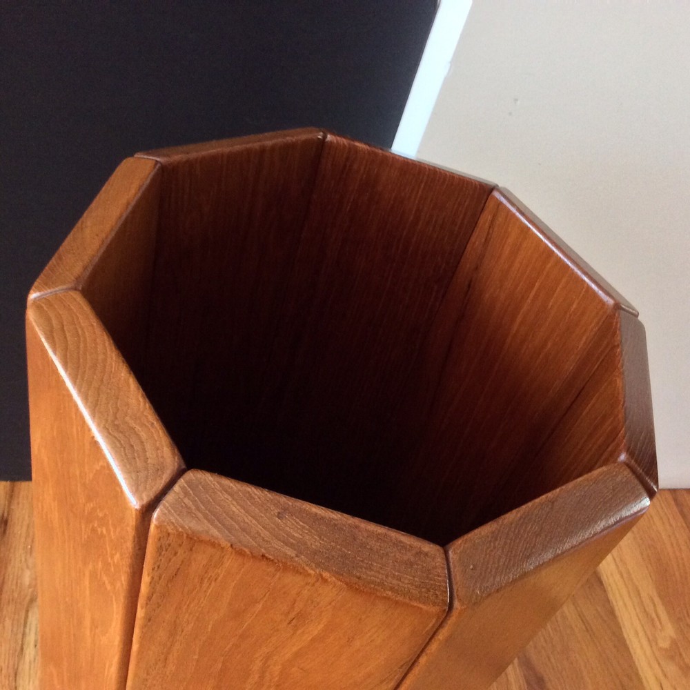 Danish Modern Mid Century Solid Teak Octagon Panel “Umbrella” Stand With Glass