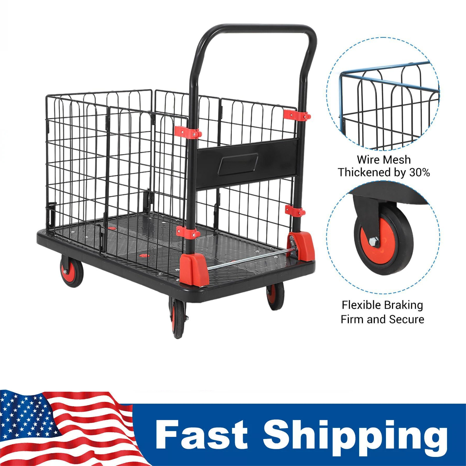 1000Lbs Platform Truck Cart with Cage 2in1 Heavy Duty Push Cart Dolly Foldable