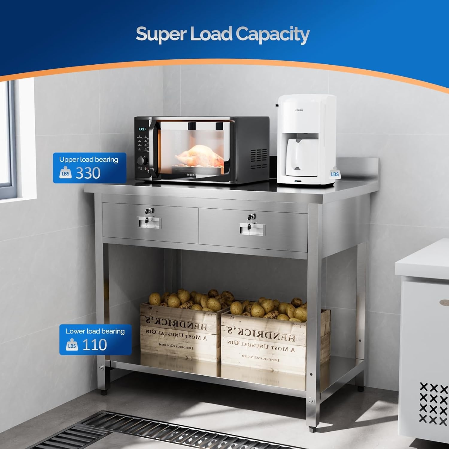 36 x 24" Stainless Steel Table with 2 Drawers Heavy Duty Metal Prep & Work Table