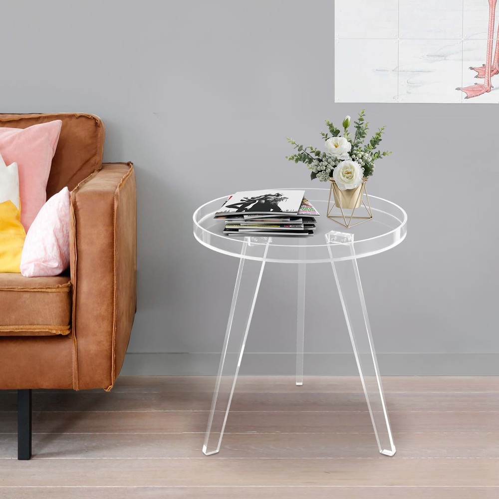 Clear Acrylic Side Table Round Ende Table Drink Table for Small Space 15.7"x18”