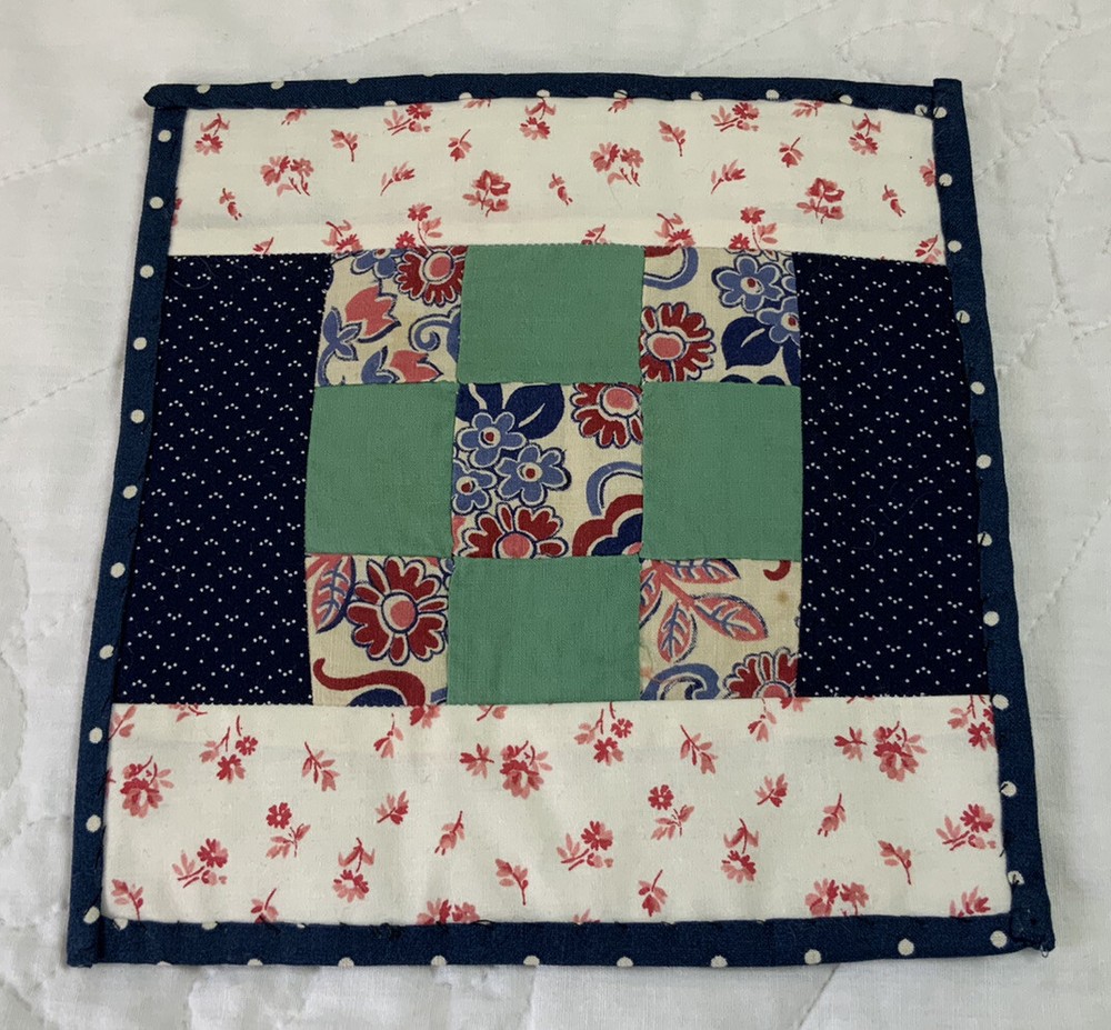 Vintage Patchwork Mini Quilt Table Topper Or Doll Quilt, Nine Patch, Navy, Pink