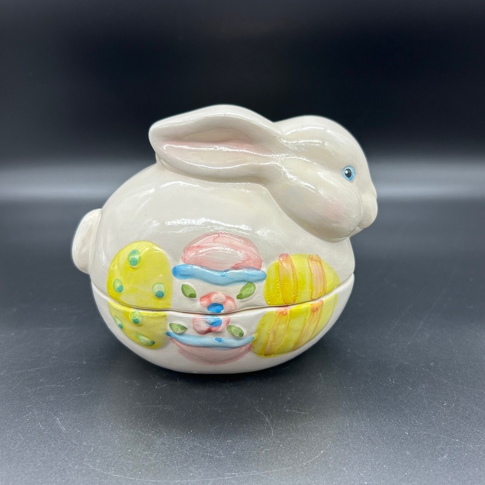 Vtg Earthenware Easter Bunny with Eggs 2 piece Candy Dish NEW in Box