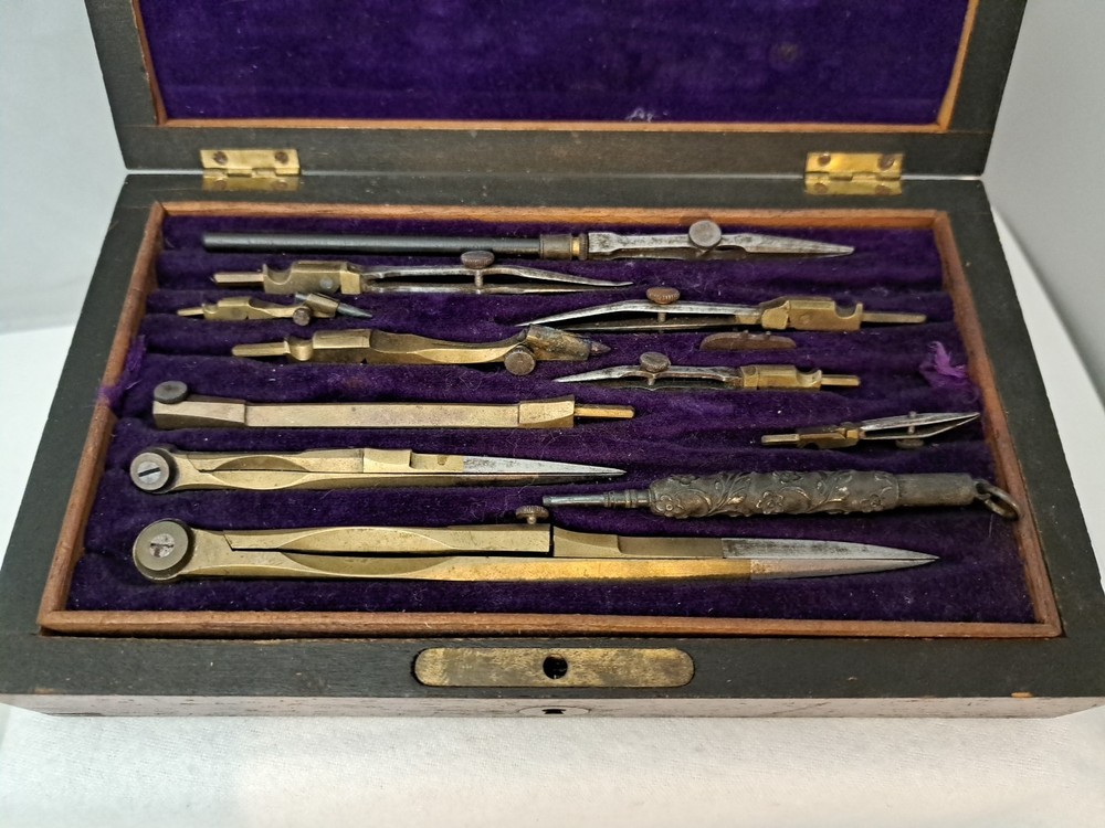 Antique Technical Mathematical Drawing Instruments Set Geometry in Wood Box