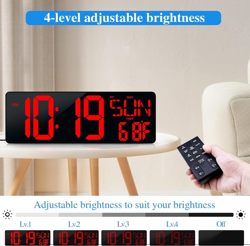17.2" Large LED Digital Wall Clock w/ Remote Control &Auto-Adjustable Brightness