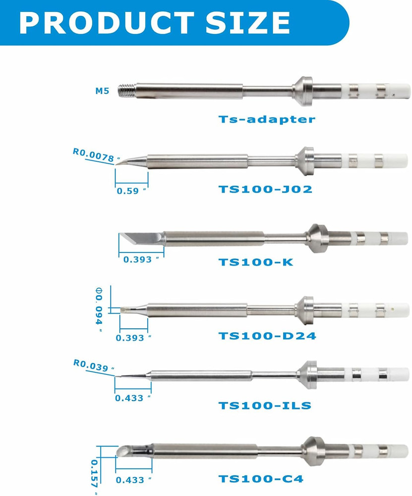 6PCS TS100 Soldering Tips Kit with Threaded Insert Adapter, Compatible with TS10
